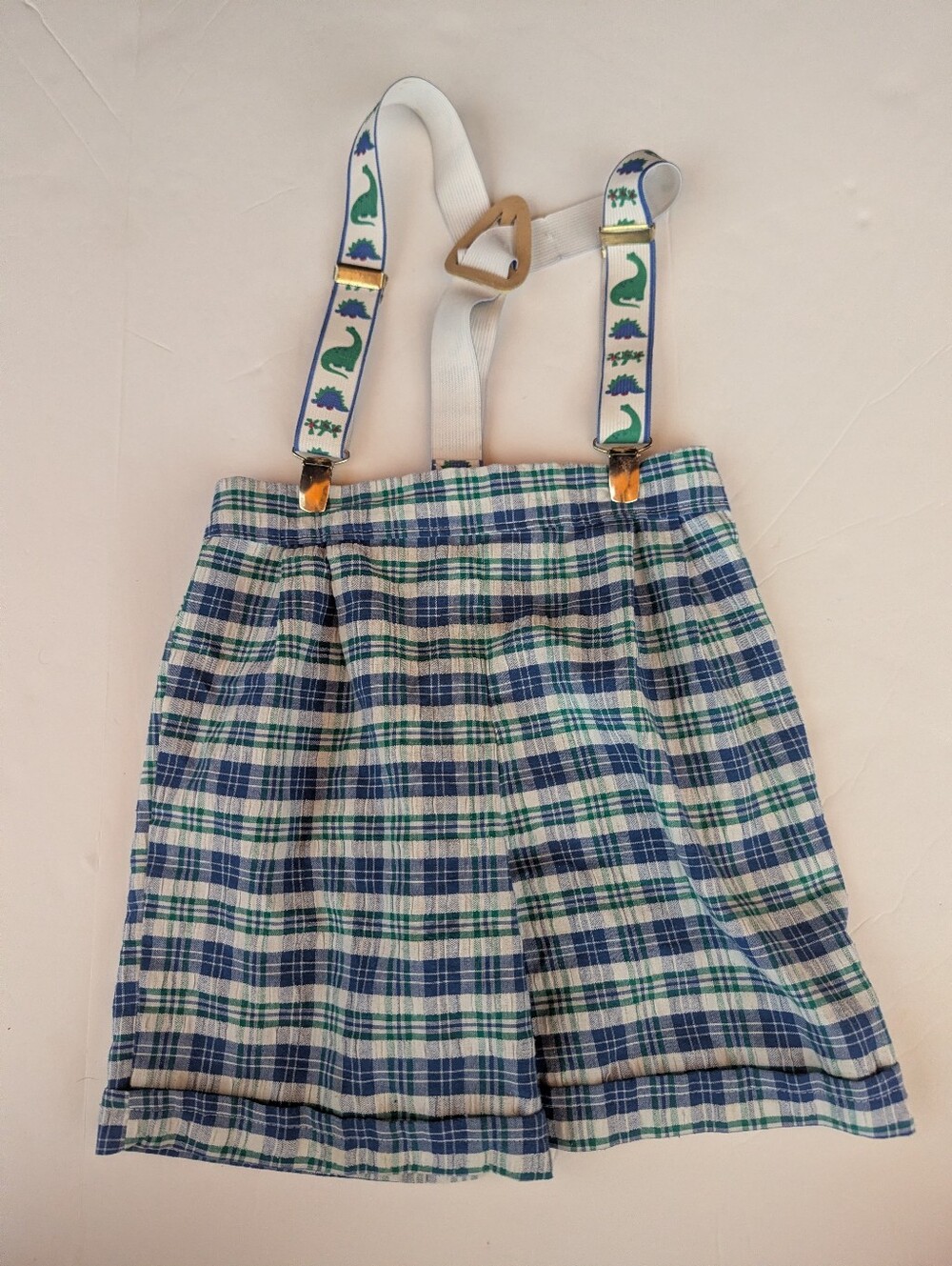 Vtg 90s Suspender Shorts Boys 3T Green Plaid Dinosaur